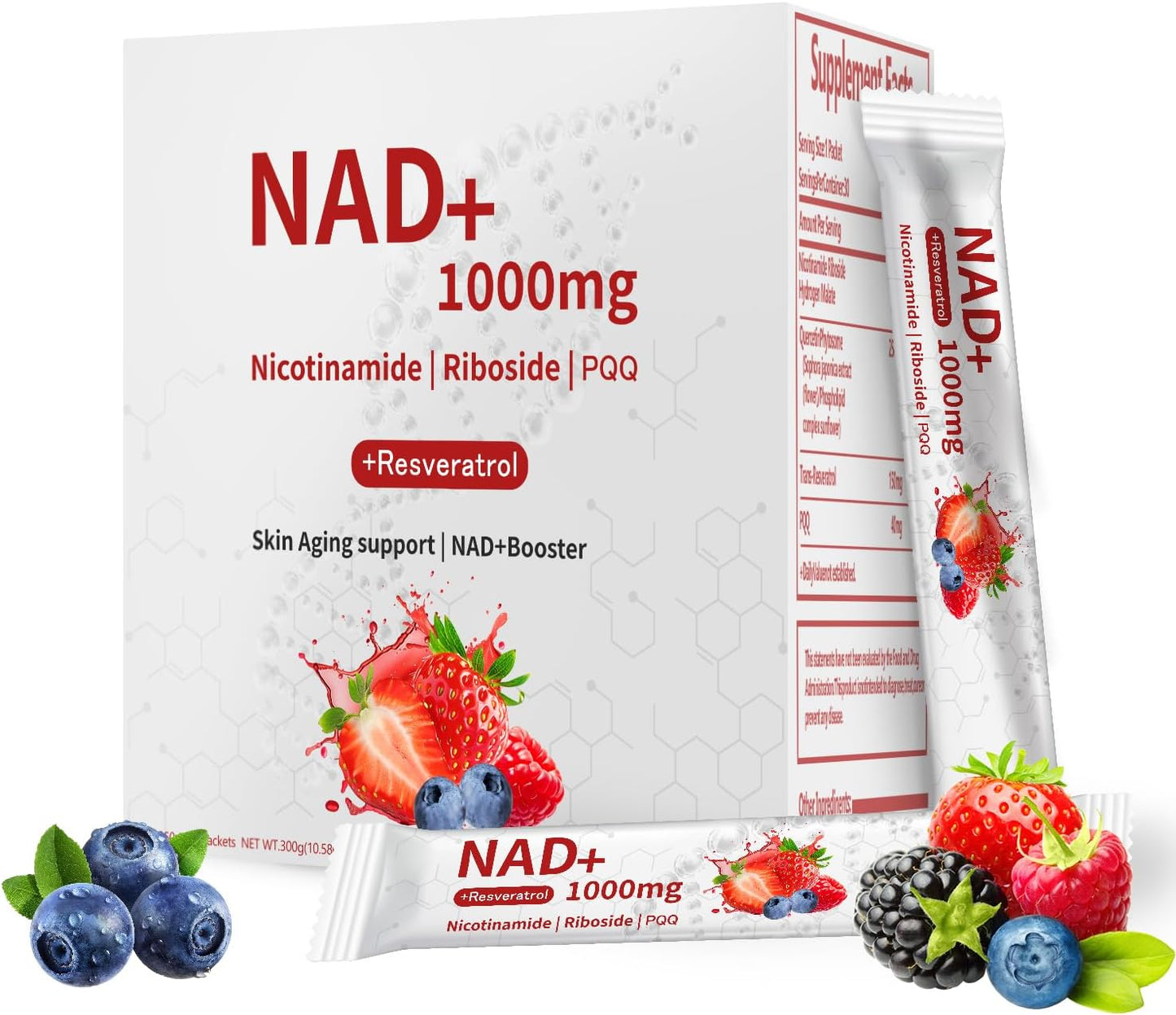 NAD 1000mg Liquid – 30 Packets – NAD+ Drink Mix with Nicotinamide Riboside, PQQ & Resveratrol – Berry Flavor, Boosts Energy, Focus & Anti-Aging