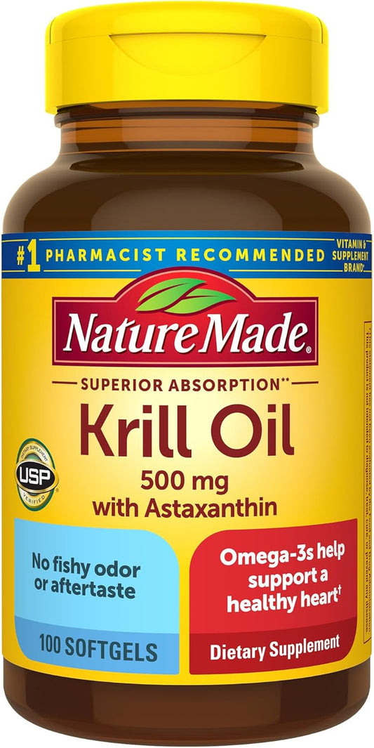 Nature Made Superior Absorption Krill Oil 500mg with Astaxanthin and Phospholipids, Omega 3 for Heart Health Support, Antarctic Krill Oil, 100 Softgels, 100 Day Supply