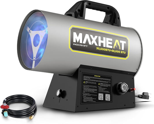 InoKraft MaXheat MH68 68,000 BTU Forced Air Propane Heater, Portable for Garage, Adjustable Liquid Propane Torpedo for Shop, Jobsite, Construction Sites - Hose Regulator 10ft