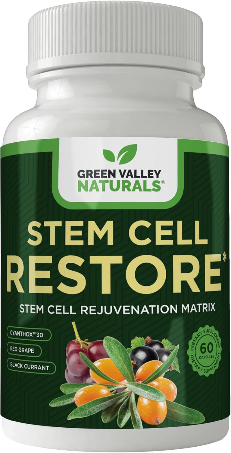 GREEN VALLEY NATURALS Stem Cell Supplement - Organic Tibetan Sea Buckthorn-Resveratrol, Vitamin D, Bishop's Hat Extract (1 Bottle, 60 Count)