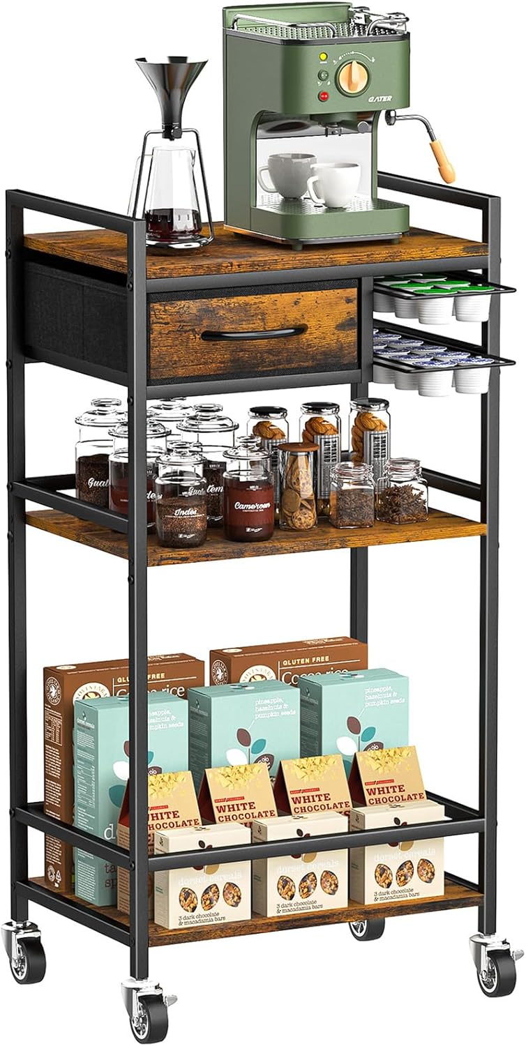 Housolution 4-Tier Coffee Bar Cart with Storage, 33" H Coffee Station Cabinet with Pod Drawers for Nespresso Vertuo, Mini Toaster Oven Stand Table for Home, Kitchen, Living Room (Rustic Brown)