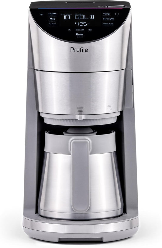 GE Profile Smart Grind & Brew Coffee Maker w/Podless Single Serve, 90oz Water Reservoir, 10 Cup Thermal Carafe, Voice Control, Adjustable Burr Grinder, SCA Certified, Barista-Quality, Stainless Steel