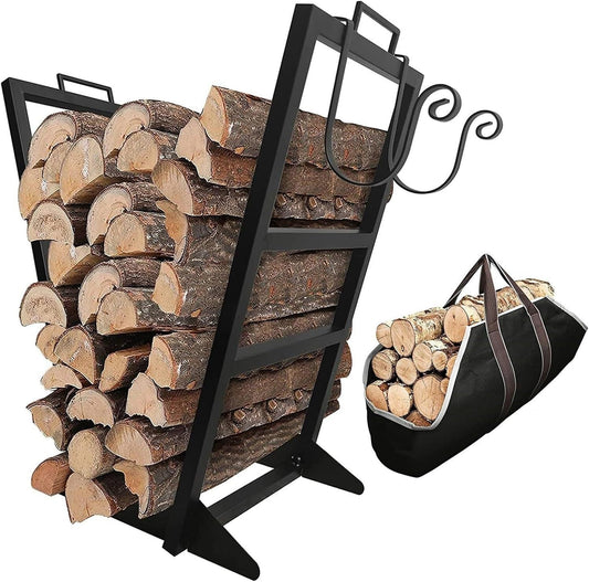 Outdoor Indoor Firewood Log Rack, Small Wood Rack Holder for Fireplace, Metal Firewood Carrier Brackets for Campfire Garden Patio Storage