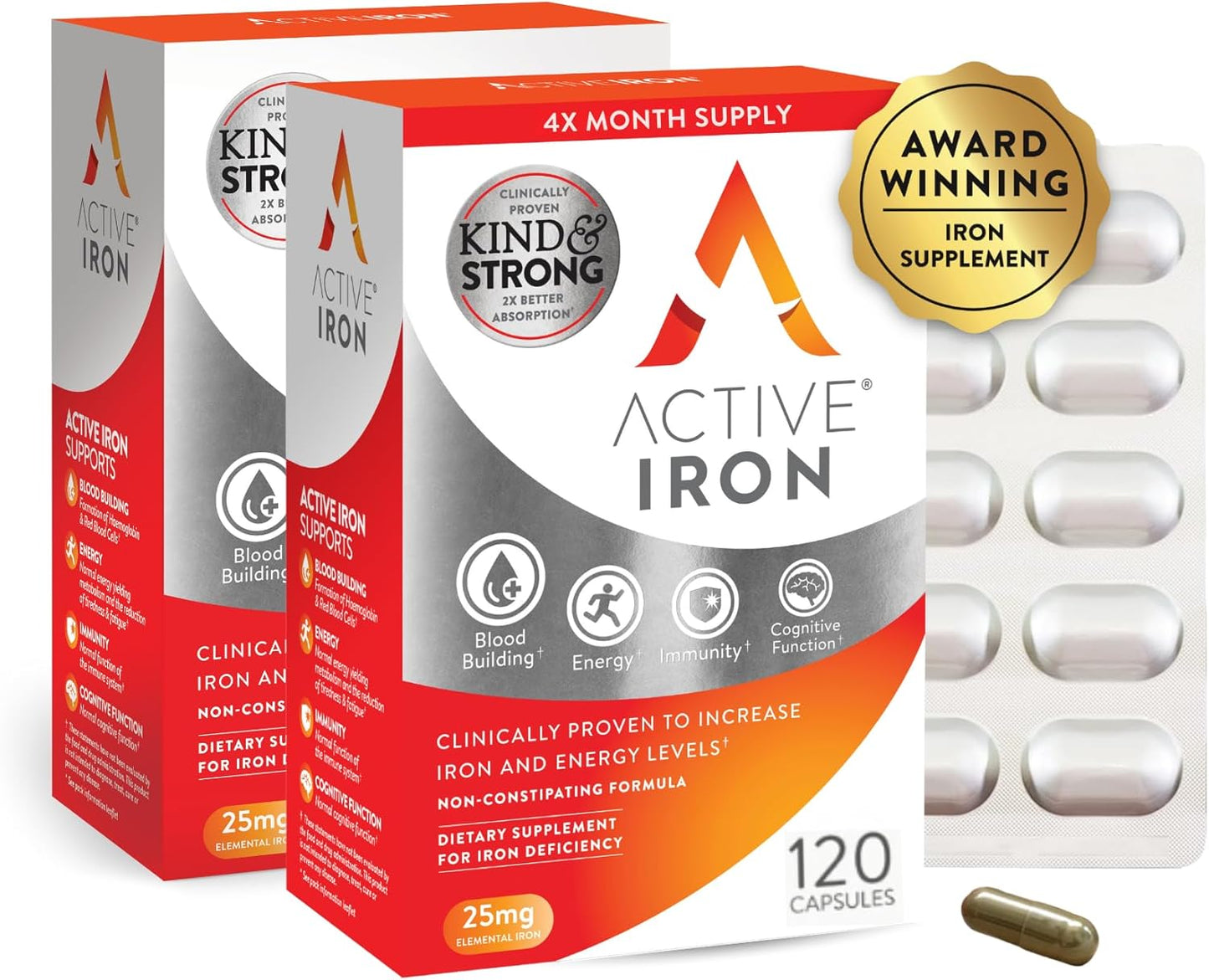 Active Iron Supplement 25mg \u2013 Clinically Proven to Increase Iron & Energy Levels \u2013 Gentle, Non-Constipating, Highly Absorbed \u2013 120 Capsules