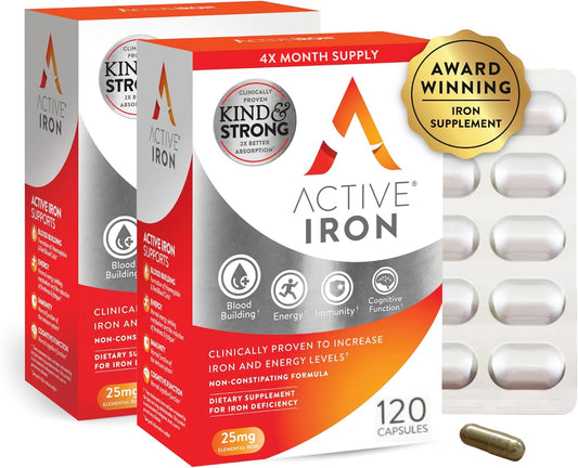 Active Iron Supplement 25mg \u2013 Clinically Proven to Increase Iron & Energy Levels \u2013 Gentle, Non-Constipating, Highly Absorbed \u2013 120 Capsules
