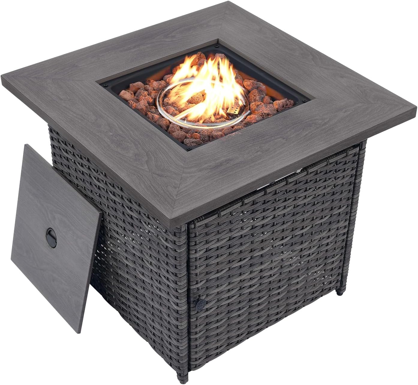 Opohoro 30" Wicker Rattan Propane Fire Pit-50,000 BTU Outdoor Steel Fire Table with Lid and Lava Rock, 2-in-1 Gas Fire Pit for Deck Porch Garden Backyard-Grey