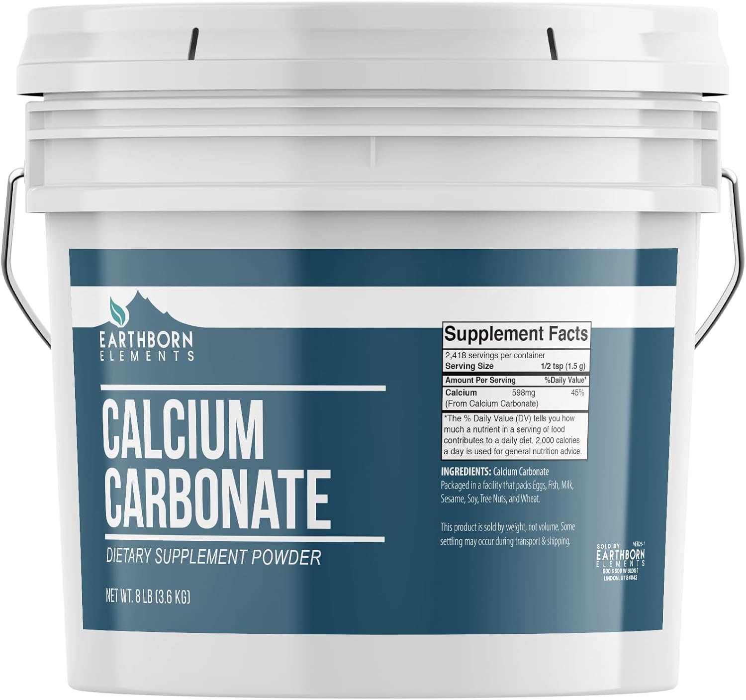 Earthborn Elements Calcium Carbonate Powder (1 Gallon), Natural Antacid, Limestone Powder, Resealable Bucket