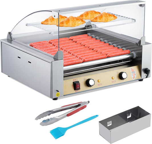 Takywep 30 Hot Dog Roller With Bun Warmer, 1650W Dual Temp Control Machine, 11 Rollers, Stainless Steel Grill With PC Hood Shelf & Removable Oil Drip Tray, for Home and Commercial