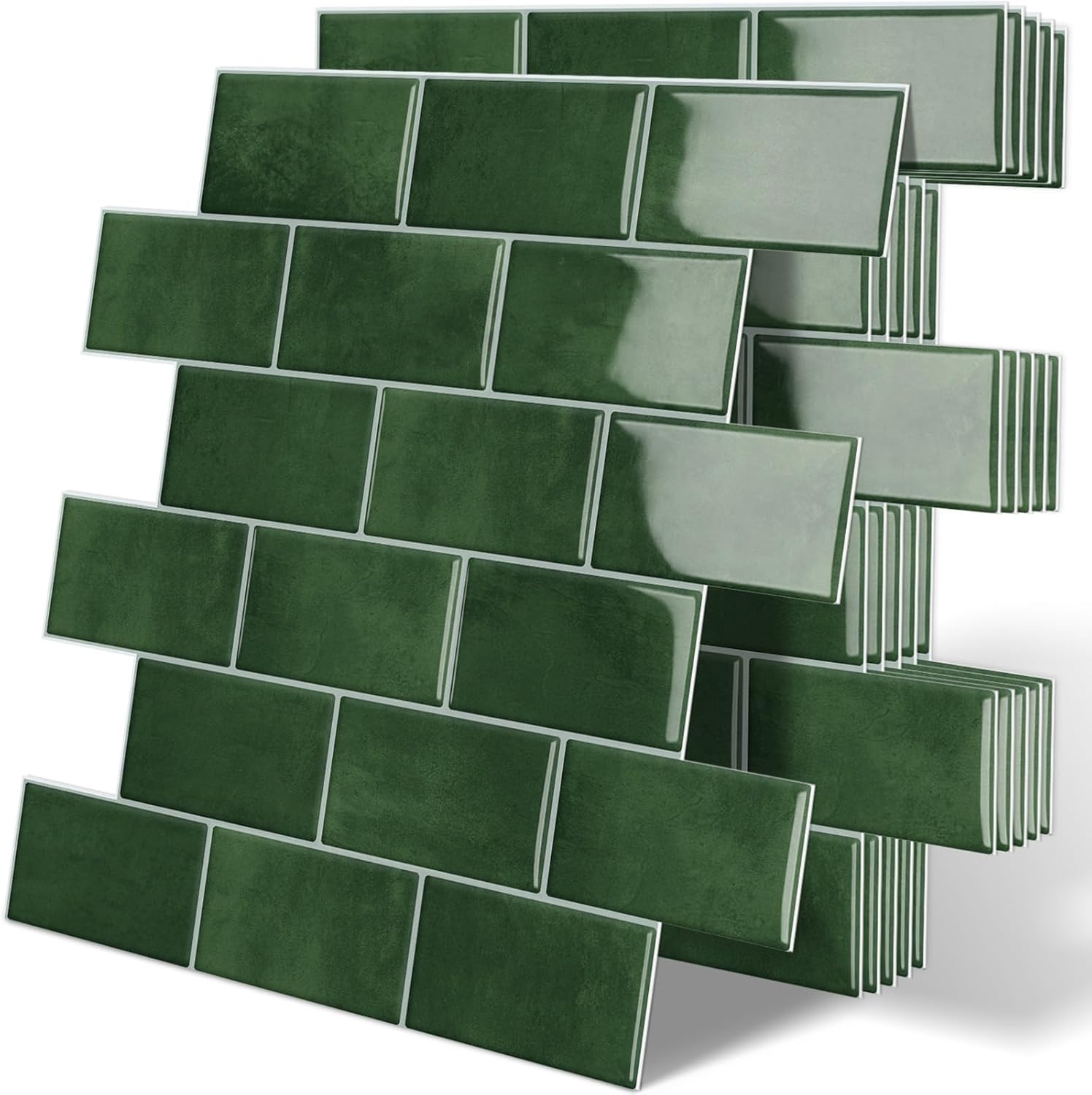 Thick Green Peel and Stick Backsplash Tile Subway Brick for Kitchen Bathroom Wall (10-Sheet, 12"×12")