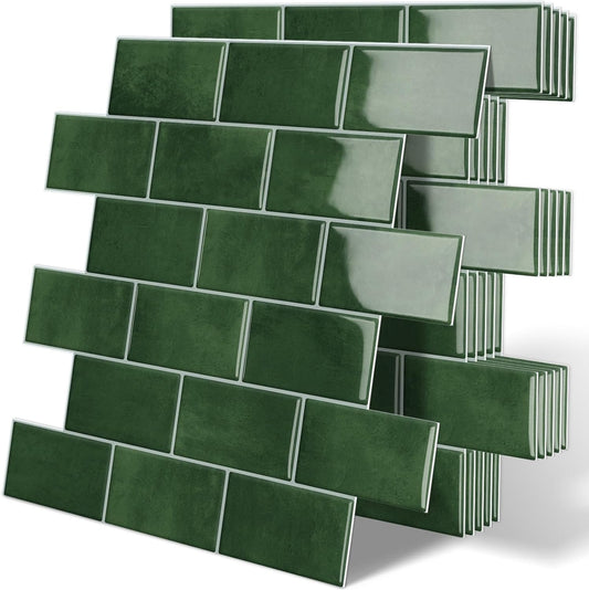 Thick Green Peel and Stick Backsplash Tile Subway Brick for Kitchen Bathroom Wall (10-Sheet, 12"×12")