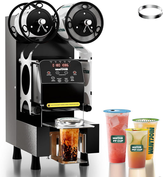 WantJoin Cup Sealing Machine - Full Automatic Cup Sealer Machine 500-600 Cups/H with Electric Digital Control LCD Panel, Suit for 90/95mm Cups, PP/PET Sealing Film, for Bubble Milk Tea Coffee