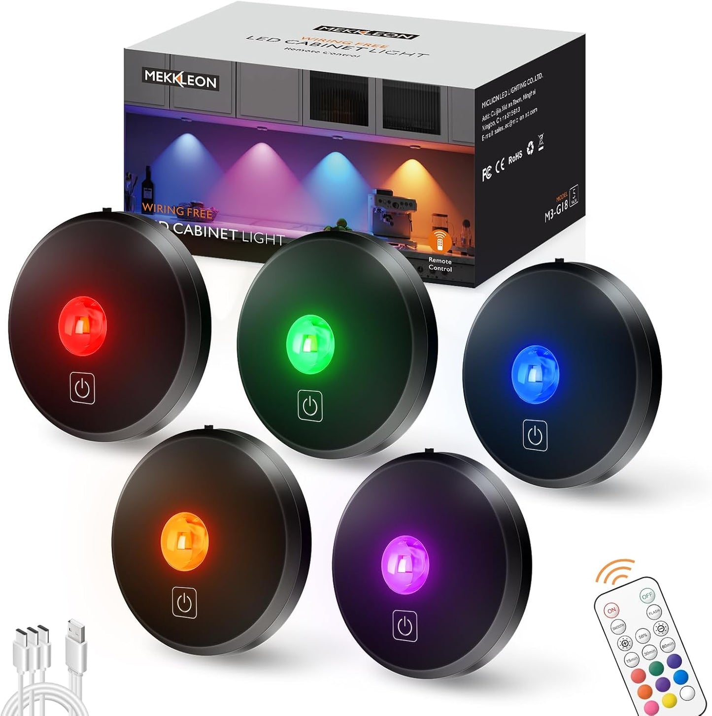 RGB Puck Lights with Remote Control, 2000mAh Rechargeable Stick on Led Lights, 9 Colors & 2 Dynamic, Tap Light with Timing,Under Cabinet Lighting for Closet,Kitchen,Cabinet,Shelf(Black, 5 Pack)