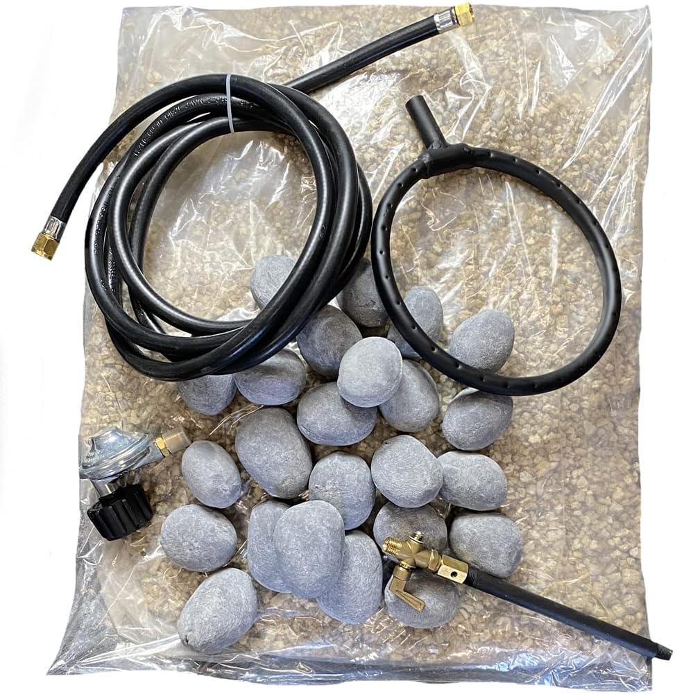 The Blue Rooster Gas Chiminea and Fire Pit Conversion Kit with Gray Pebbles and 10' Hose