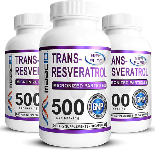 MAAC10 - Trans Resveratrol 500mg 3-Pack (Micronized Pharmaceutical Grade 99% Pure Trans-Resveratrol Extract + BioPerine for Superior Absorption).
