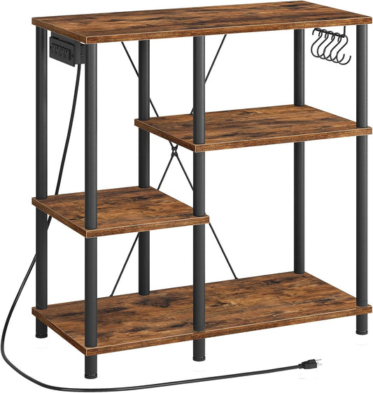 HOOBRO Bakers Rack with Power Outlet, Microwave Stand with 5 S-Shaped Hooks, Coffee Bar, Kitchen Storage Shelf, for Kitchen, Living Room, Rustic Brown and Black BF07UHB01