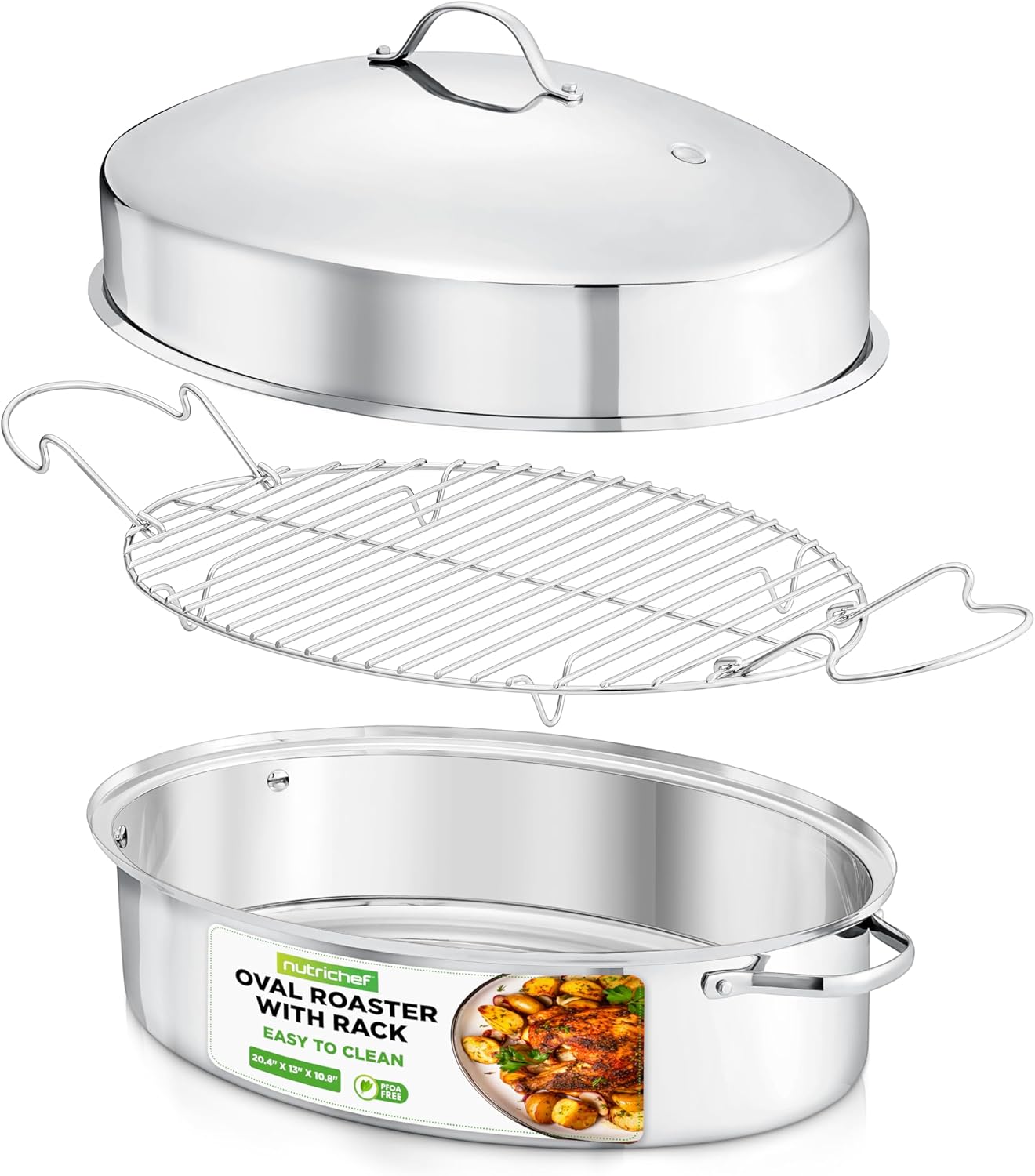 NutriChef 20" Oval Roasting Pan with Rack and Lid - Premium Stainless Steel Roaster Dish w/ Wide Handles & Removable Rack, Multi-Use Cookware for Turkey, Chicken, Stews, & More - Dishwasher Safe