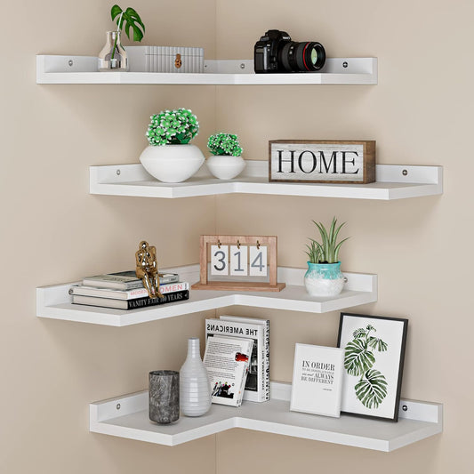 4 Tier Floating Corner Shelves White Set of 4, Rustic Pine Wooden Floating Corner Wall Shelf for Wall Décor Storage, L Shaped Corner Shelf Wall Mount for Bedroom, Living Room, Bathroom, Kitchen