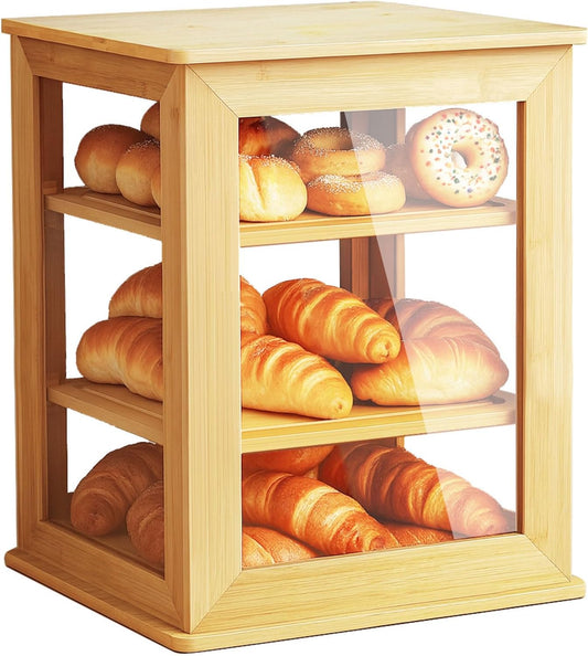Bread Box,Pastry Display Case,Bread Holder for Kitchen Counter, Wooden Large Capacity Bread Storage Bin Breadbox Organizer for Kitchen Counter Corner（Raw wood）