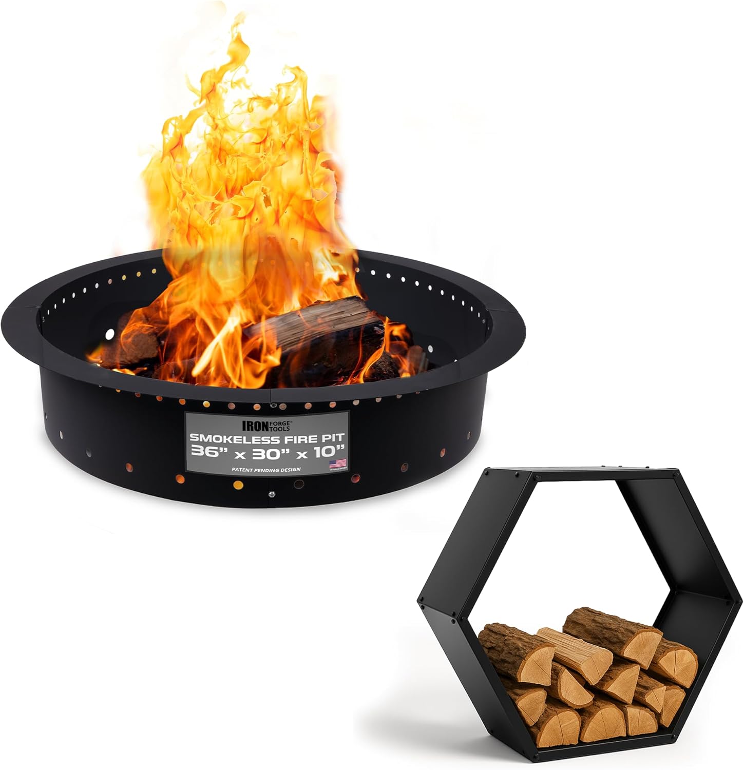 Iron Forge Tools 36" Smokeless Fire Pit Ring & 30" Hexagon Firewood Rack with Cover – Heavy-Duty Outdoor Log Holder & Permanent Firepit Insert for Backyard (Utility Patent Pending)