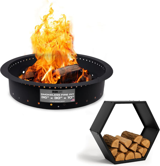 Iron Forge Tools 36" Smokeless Fire Pit Ring & 30" Hexagon Firewood Rack with Cover – Heavy-Duty Outdoor Log Holder & Permanent Firepit Insert for Backyard (Utility Patent Pending)