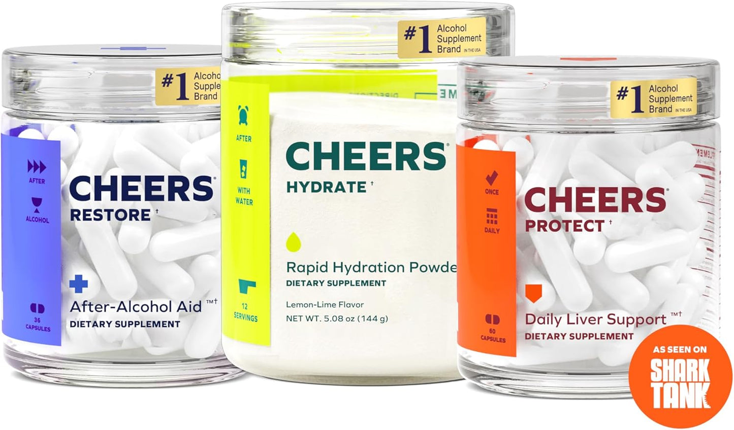 Cheers Super Combo | Restore + Protect + Hydrate | Feel Better After Drinking, Support Your Liver, & Rehydrate | DHM, L-Cysteine, Electrolytes | 12 Doses Restore & Hydrate, 30 Doses Protect