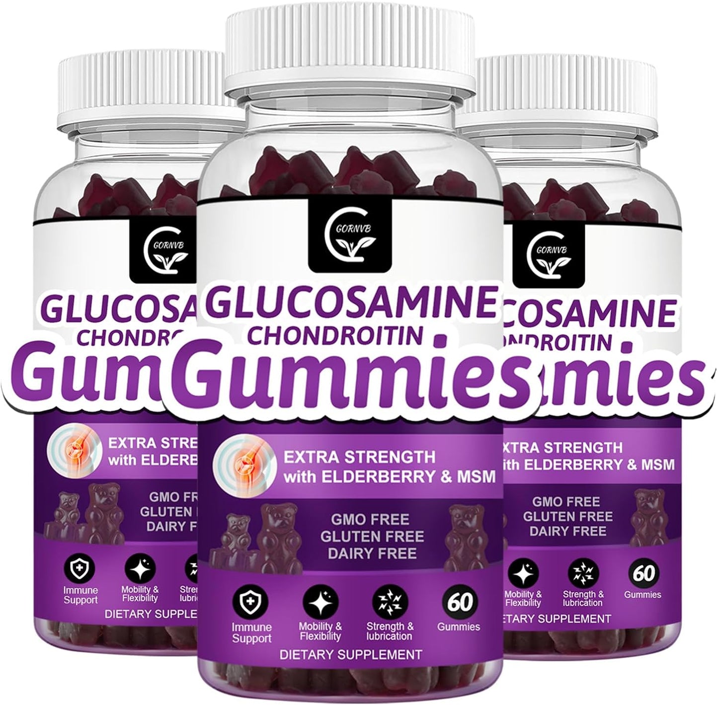 GORNVB Glucosamine Chondroitin Gummies with MSM & Elderberry \u2013 Extra Strength Mobility & Flexibility Support, Antioxidant Immune Supplement for Adults, Men & Women - 60 Chondroitin Gummies (3 Pack)