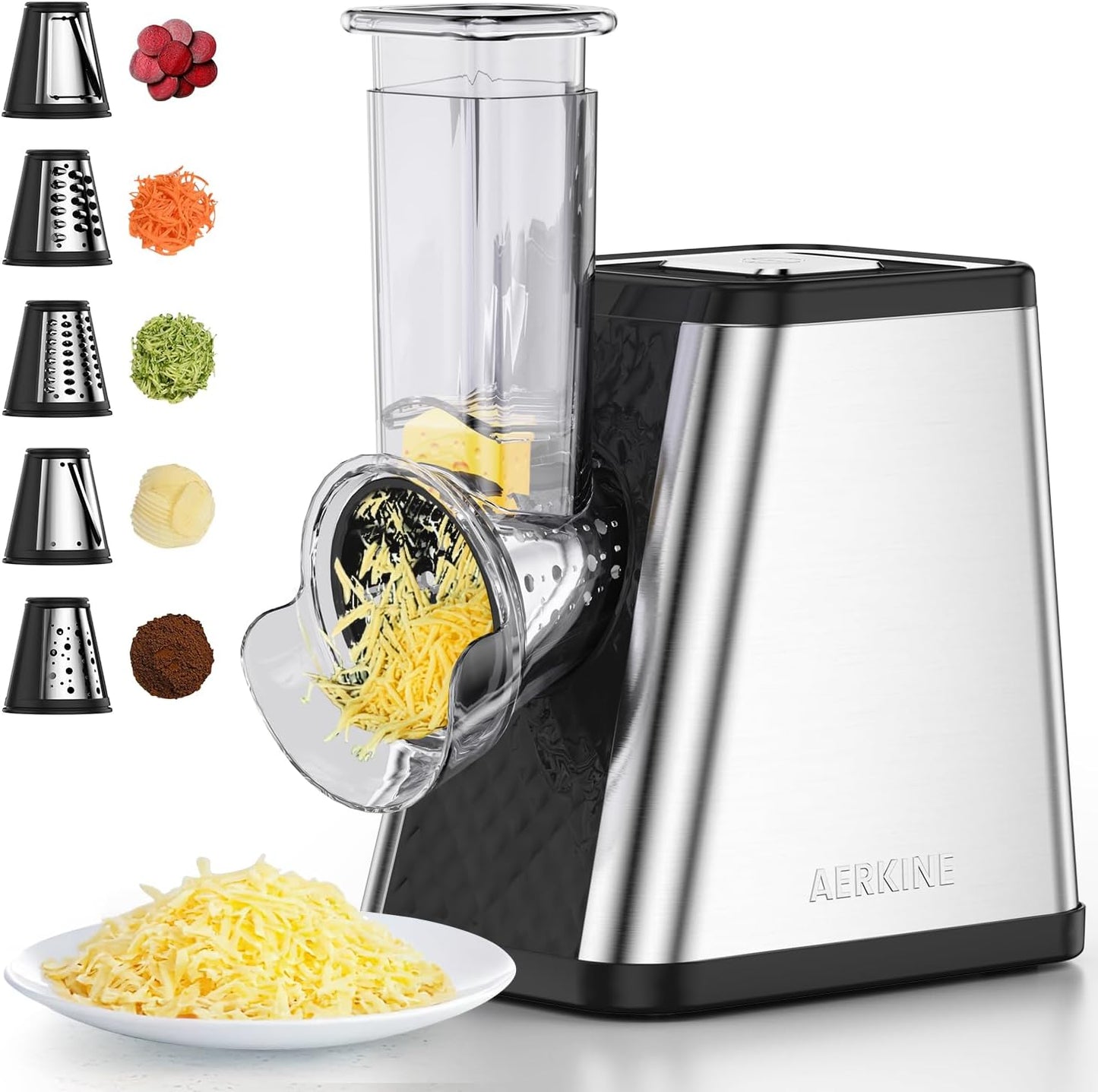 AERKINE Electric Cheese Grater - 5-in-1 Automatic Vegetable Slicer\/Shredder with 5 Blades, Electric cheese grater for Block Cheese, Vegetables, Fruits and Salad Making