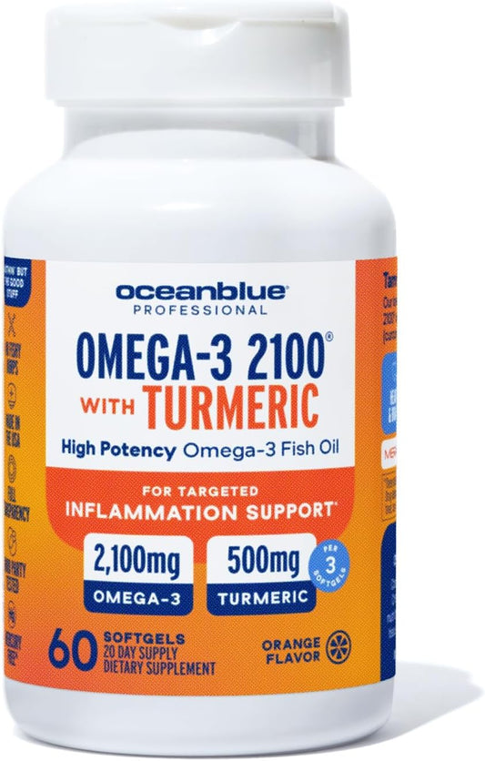 Oceanblue Professional Omega-3 2100 with Turmeric - 60 Count - Triple Strength Burpless Fish Oil for Heart Health, Joint Support Supplement - 20 Servings