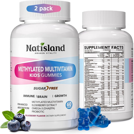 Kids Methylated Multivitamin - Chewable Multivitamin for Kids & Teens 4+, With L Methylfolate, Vegan Omega-3, Zinc, Probiotics & Elderberry, Immune Support, Brain Health, MTHFR Supplement, 2PC