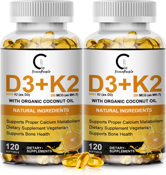 Vitamin D3 K2 Supplement with Vitamin D3 5000 IU, 200 mcg Vitamin K2 MK-7 & Natural Coconut Oil, Plant Based 2-1 Formula for Bone, Teeth, Muscle and Immune Health Support (120 Count (Pack of 2))