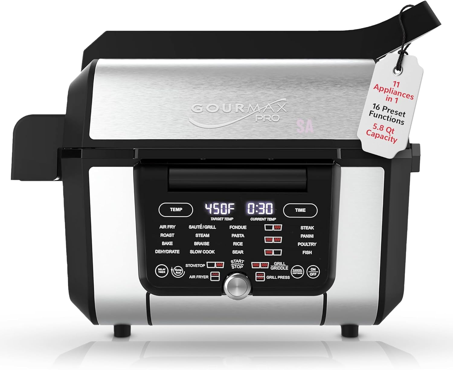 Foodgenie Gourmax Pro One Cooking Device - All-in-One Oven, Smokeless Grill, Air Fryer, Griddle, Cooker & More – 16 Preset Functions, Smart Temperature Control, Dual Surface, Dishwasher Safe, 1500W