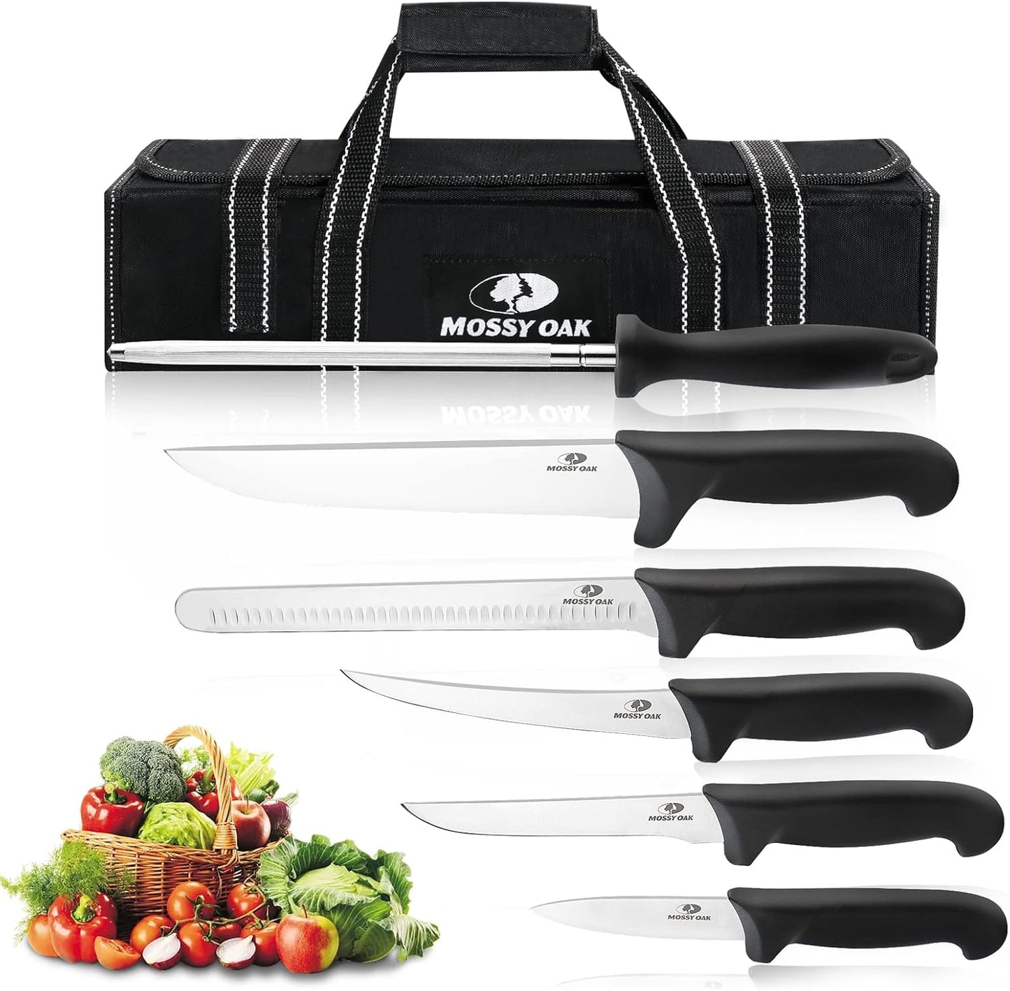 Mossy Oak Kitchen Knife Set, 6 PCS Chef Knives with Roll Bag, Sharp Stainless Steel Camping Knife for Cutting Meat, Fruits & Vegetables, Practical Gifts Knife Set for Women Men Cooking Lovers