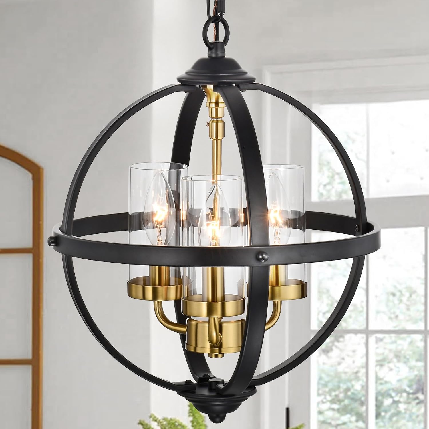 Treekee Rustic Chandelier, 14" Farmhouse Globe Orb Pendant Light, Vintage Black and Gold 3-Light E12 Adjustable Ceiling Hanging Fixture for Kitchen, Dining Room, Living Room, Bedroom, Entryway, Foyer