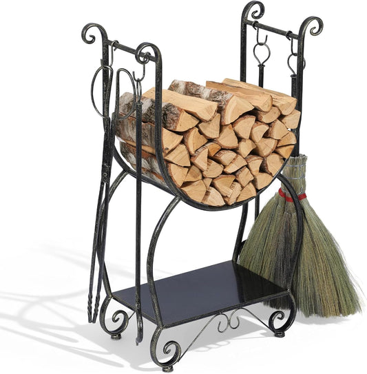 Metal Firewood Rack Set Indoor & Outdoor Fireside Wood Storage Organizer with 4 Fireplace Tools Fireside Wood Storage Organizer Adjustable Stacker Stand for Camping