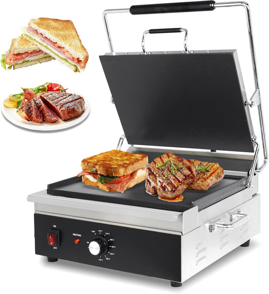 EASYROSE Dual-Sided Flat Panini Press & Grill, Makes 3 Sandwiches at Once, 15"x11" Cast Iron Plates, 1800W, 32-572°F Adjustable Temp Control for Home & Commercial Use(CPF-175)