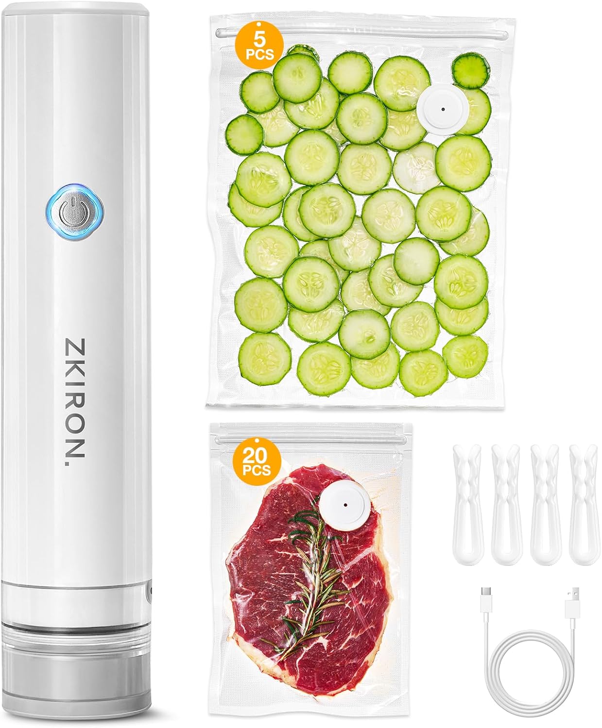 ZKIRON OneTouch Handheld Vacuum Sealer with 25 Reusable Vacuum Bags \u2013 Portable & Compact, Food Saver Vacuum Sealer with Detachable Transparent Suction for Meal Prep, Sous Vide, Travel & Kitchen