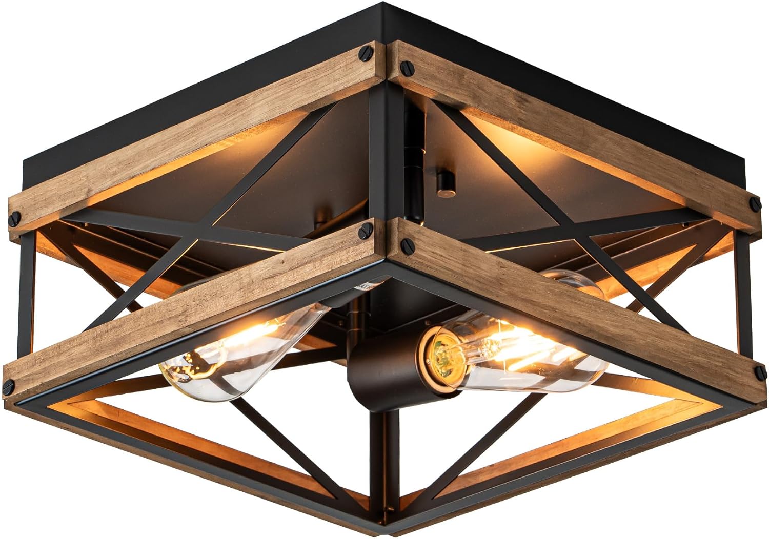 Mayful Black Flush Mount Ceiling Light, 2-Light Rustic Farmhouse Fixture with Metal & Wood Frame, Dimmable Close-to-Ceiling Lighting for Kitchen Bedroom Living Room Hallway Entryway