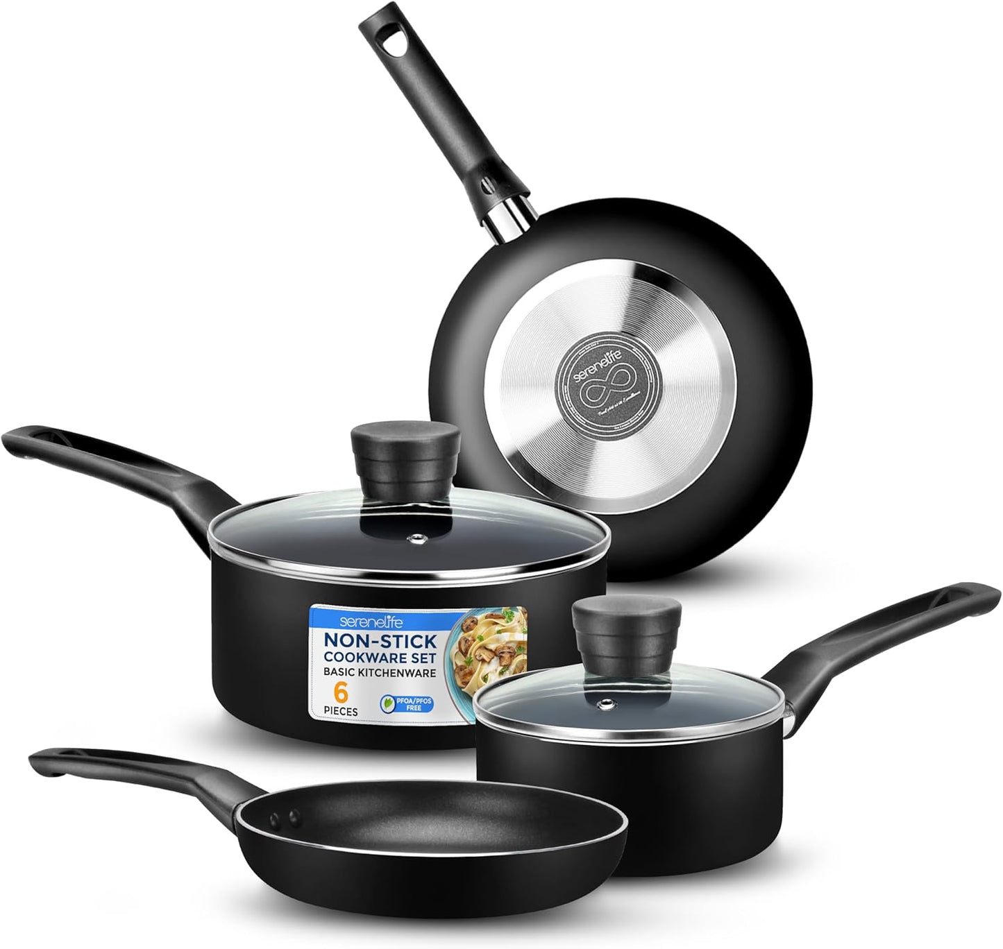 SereneLife 6-Piece Pots and Pans Set \u2013 Nonstick Cookware, Black Coating, Heat-Resistant, Dishwasher safe, Includes Fry Pans, Saucepans with Lids, Color Black