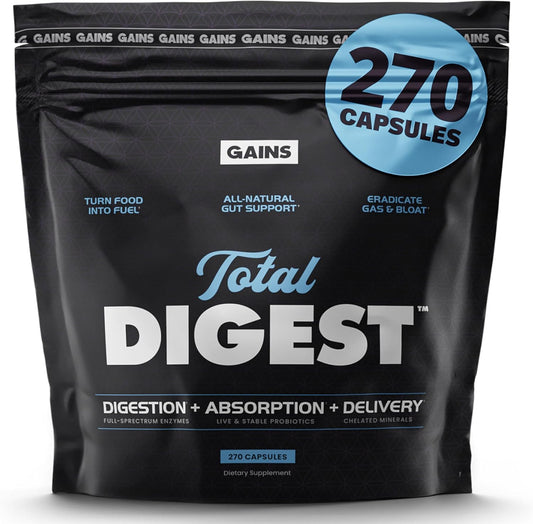 Gains in Bulk Total Digest, Digestive Enzymes, Prebiotics and Probiotics for Digestive Health, Bloating Support, Gut Health for Women and Men, Promotes Protein, Carb and Fat Digestion, 270 Capsules