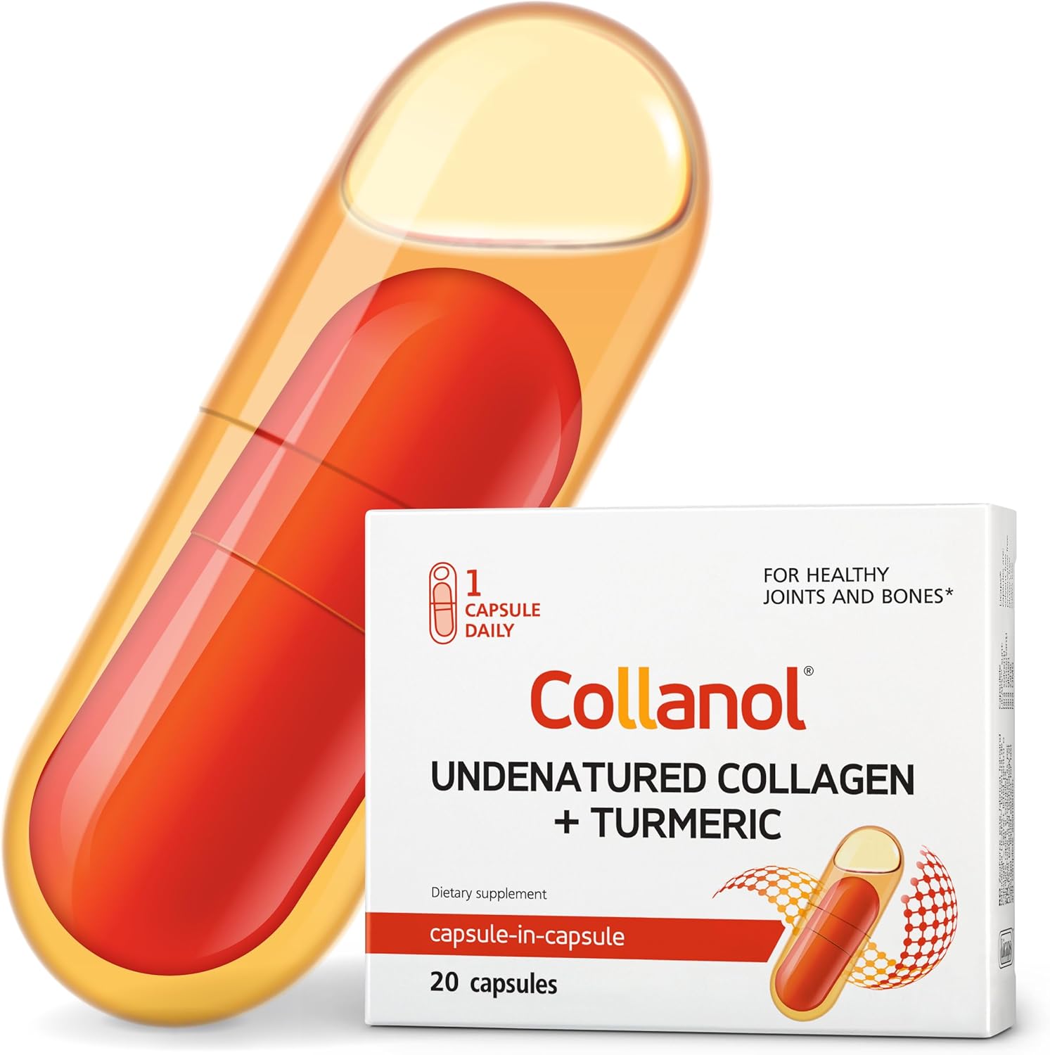 Innovation in The Care of Healthy Joints \u2013 Liquid Formula in a Double Capsule. 3D Collagen + Micelle Extract of Turmeric Roots 1 Capsule\/Day. Laboratory Tested