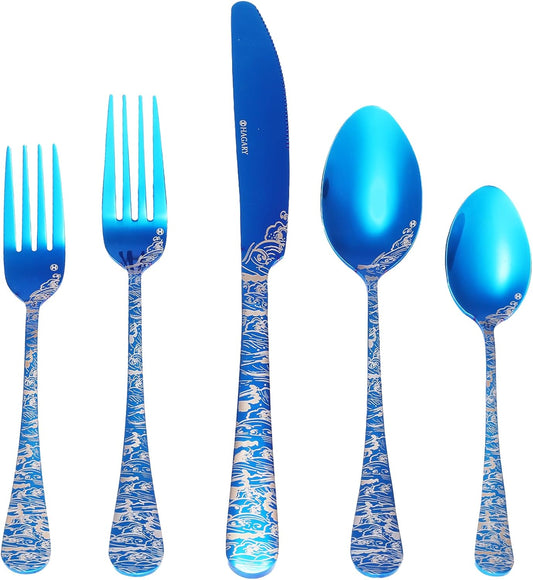 Blue Wave Cutlery Set 20 Pieces Stainless Steel Flatware Set Service for 4 Utensils For Home Kitchen Wedding Laser Engraved Dishwasher Safe All Blue