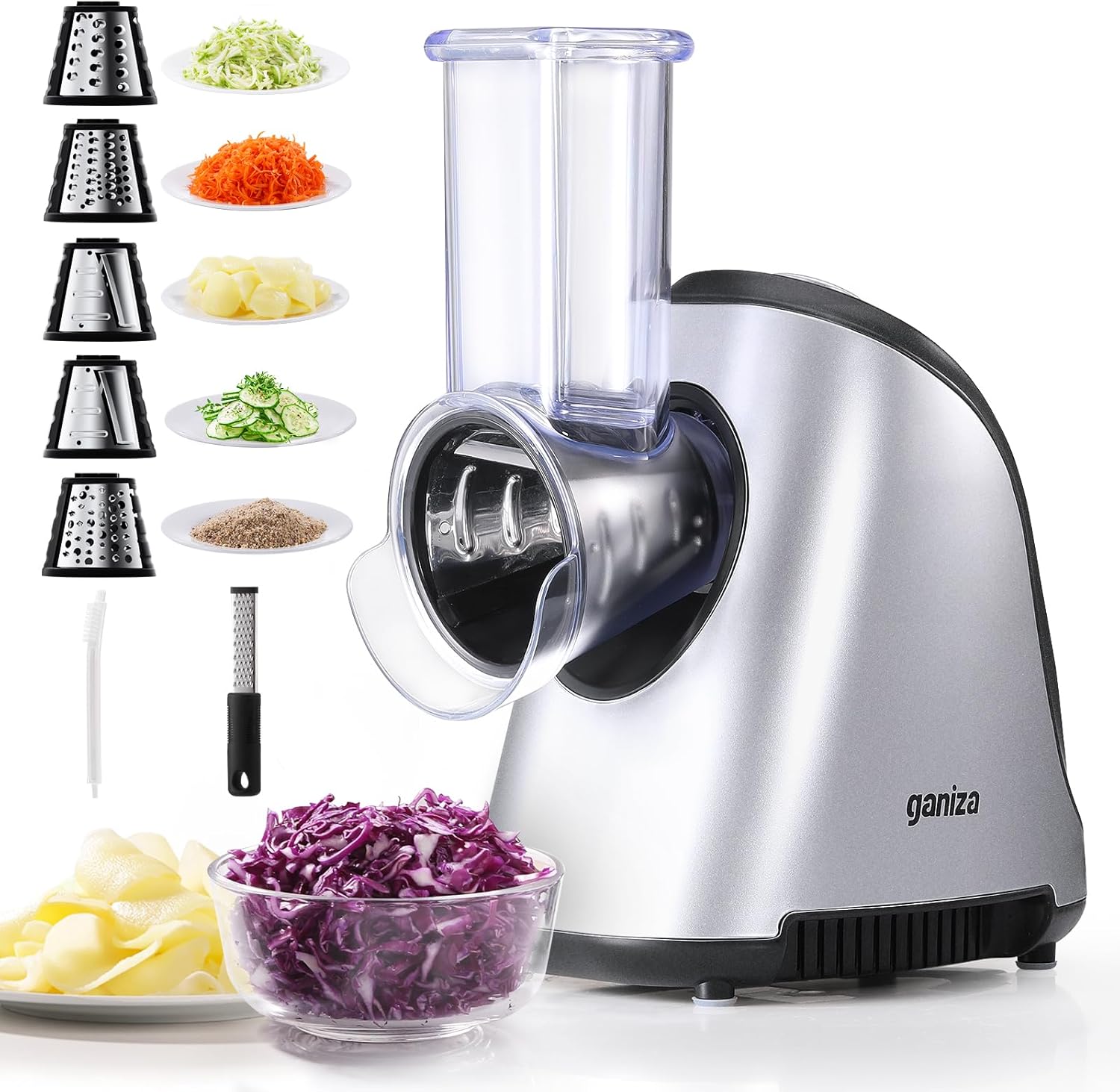 Ganiza 5-in-1 Electric Cheese Grater for Kitchen, Max 250W Cheese Shredder, 5 Changeable Blades Salad Shooter, Slicer Electric for Cheese\/Veggies\/Salad with an Extra Zester grater