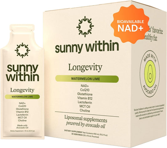 Super Human Longevity - Cellular Health Supplement w/Bioavailable Liquid NAD+, Glutathione, CoQ10, B12, MCT, Avocado Oil - Energy, Detox, Brain, Skin, Gut, & Heart Support* - 30 Pouches