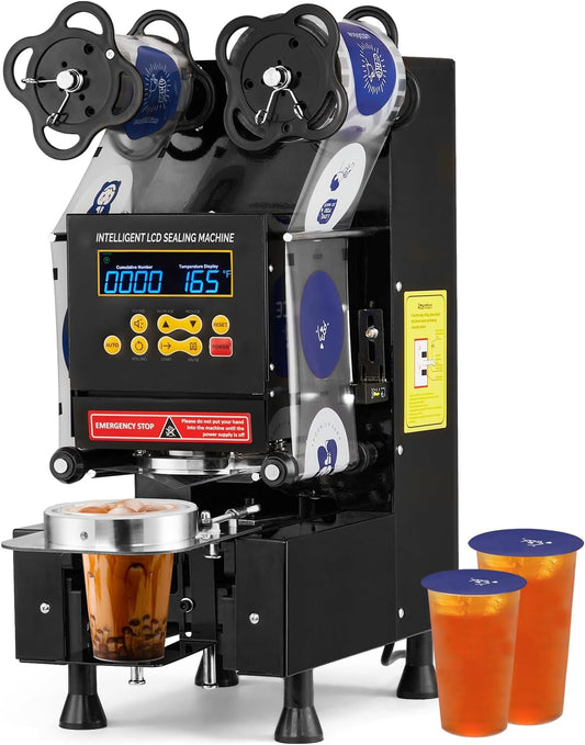 VINGLI Cup Sealing Machine, Full Automatic Electric Boba Cup Sealing Machine 500-650 Cups\/H, Cup Sealer Machine with LCD Digital Controls, 88\/89\/90\/95 mm Cup for Bubble Milk Tea Coffee, Black