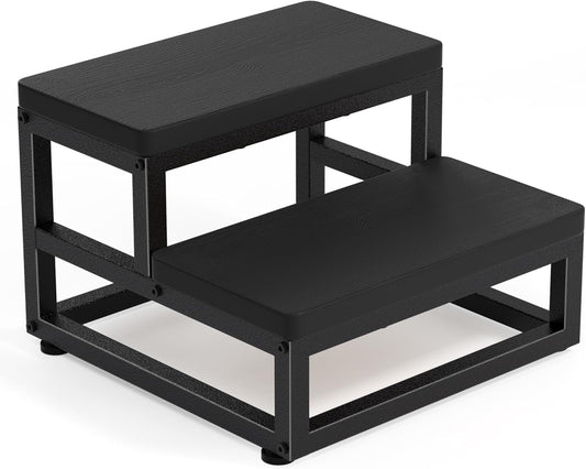 Two-Step Stool for Adults & Kids, Waterproof HDPE Bed Step with Adjustable Non-Slip Feet, Sturdy Metal Frame for Kitchen, Bathroom, Bedroom, RV & Outdoor Use, Black