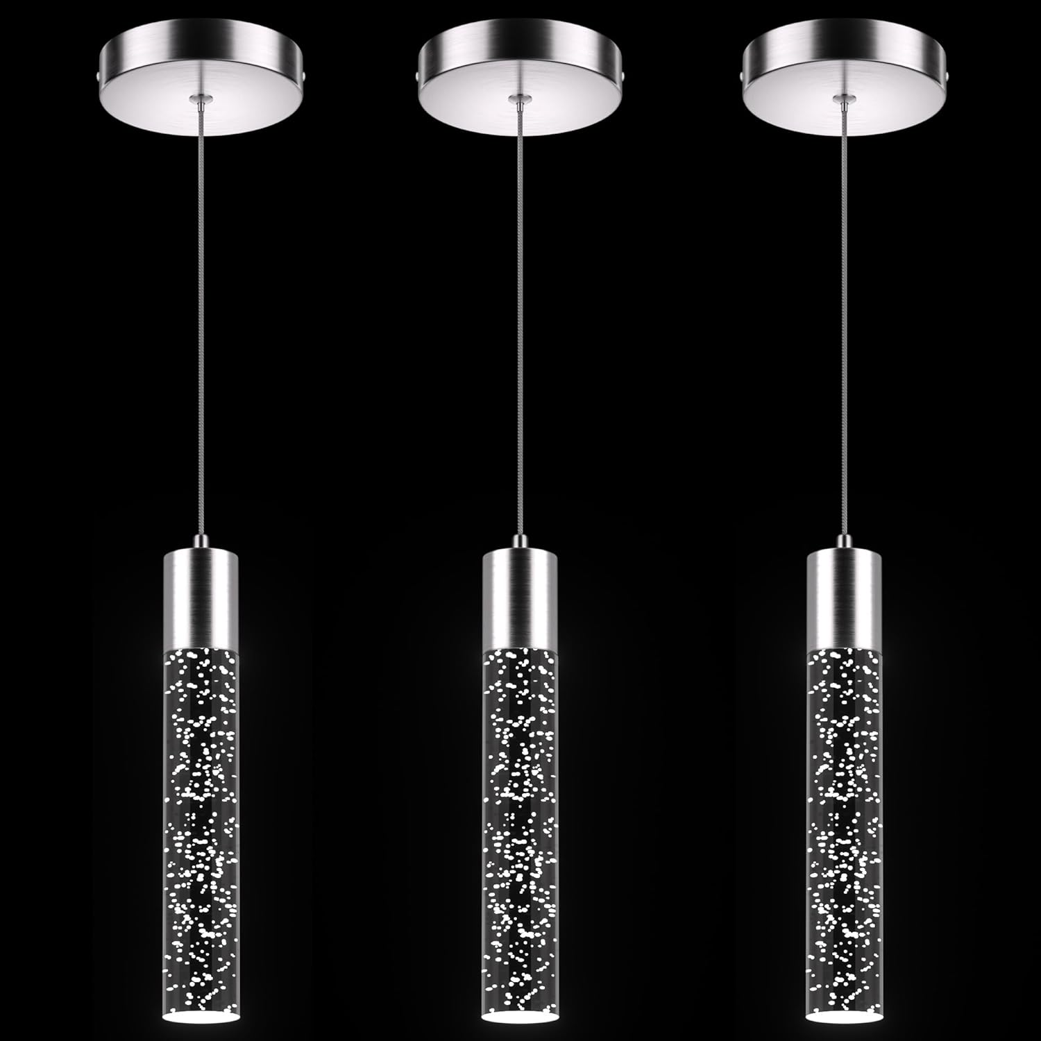 Esfos Pendant Lights Kitchen Island 3 Pack, 6500K Modern Kitchen Island Lights Ceiling Lighting Fixtures with Crystal Bubble, Integrated LED Cold White Hanging Light Dining Room Light Brushed Nickel