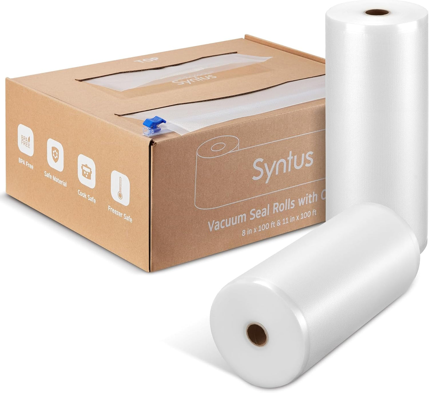 [2025 Upgraded] Syntus 11" x 100' and 8" x 100' Vacuum Sealer Bags for Food with Cutter, Food Vacuum Seal Roll Keeper BPA-free Heavy-duty Commercial Grade for Food Storage, Meal Prep and Sous Vide