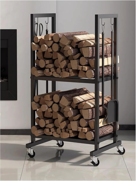Firewood Log Rack, Tubular Steel Fireplace Wood Storage Holder for Indoor & Outdoor Fireplace Pit, Heavy Duty(Type C)