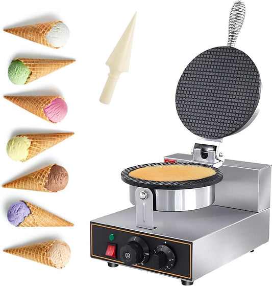 Waffle Cone Maker, Ice Cream Cone Waffle Maker Machine, Electric Stainless Steel Round Waffle Cone Iron, Non-stick Coating1200W(Single,220V)