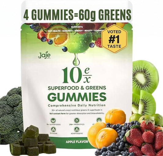 10ex Supergreens Gummies with Probiotics. 40 Superfoods & Super Greens. 10x More Nutrients Per Serve. Multivitamin, Spirulina, Chlorella, Microgreens, Adaptogens, Turmeric & Ashwagandha Gummies. 60ct